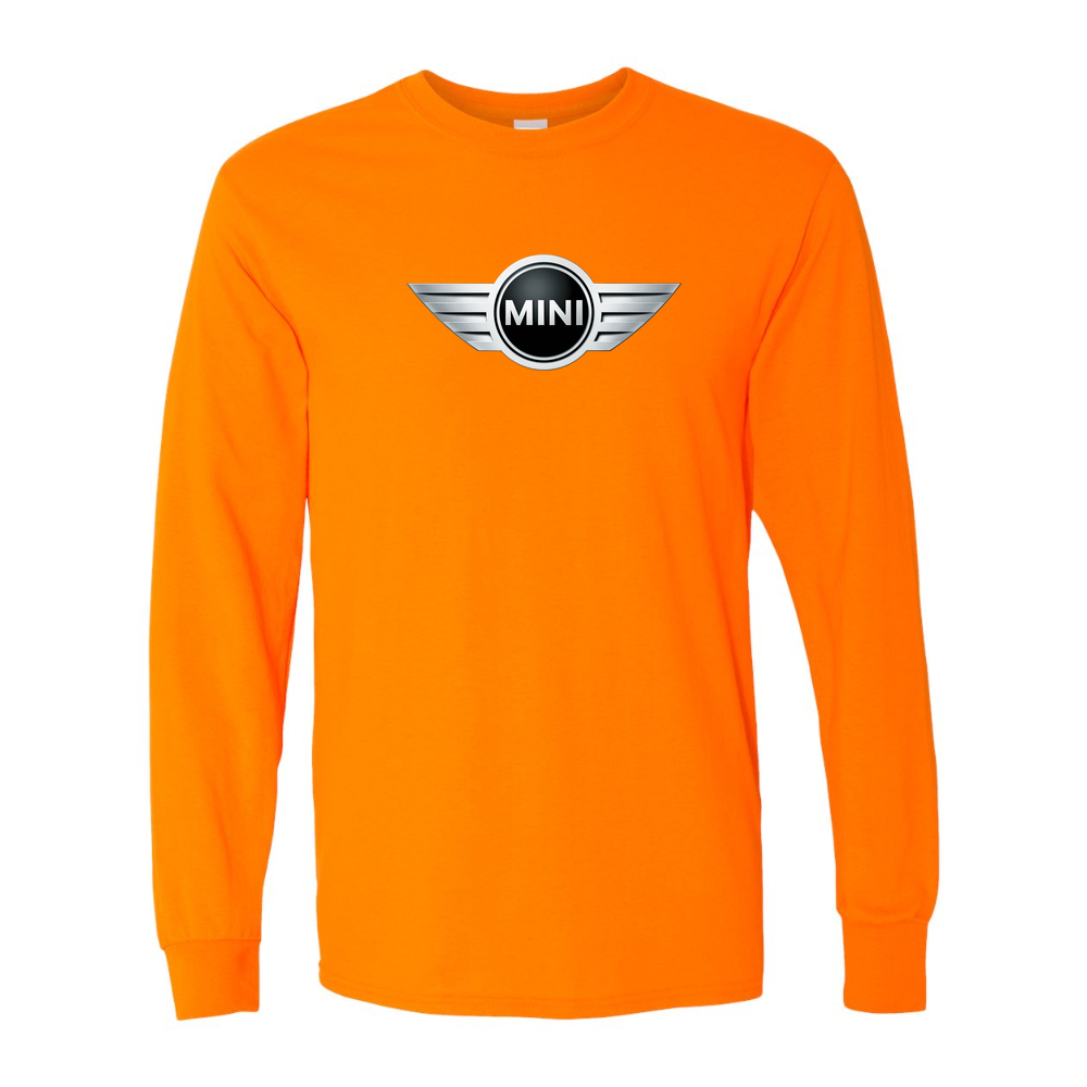 Men’s Mini Cooper Car Cotton Long Sleeve T-Shirt | Color: Safety Orange | Original artwork