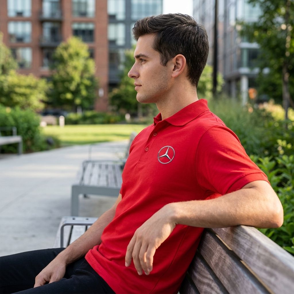 Man seated on outdoor bench wearing Mercedes-Benz polo with lush greenery and urban background elements.