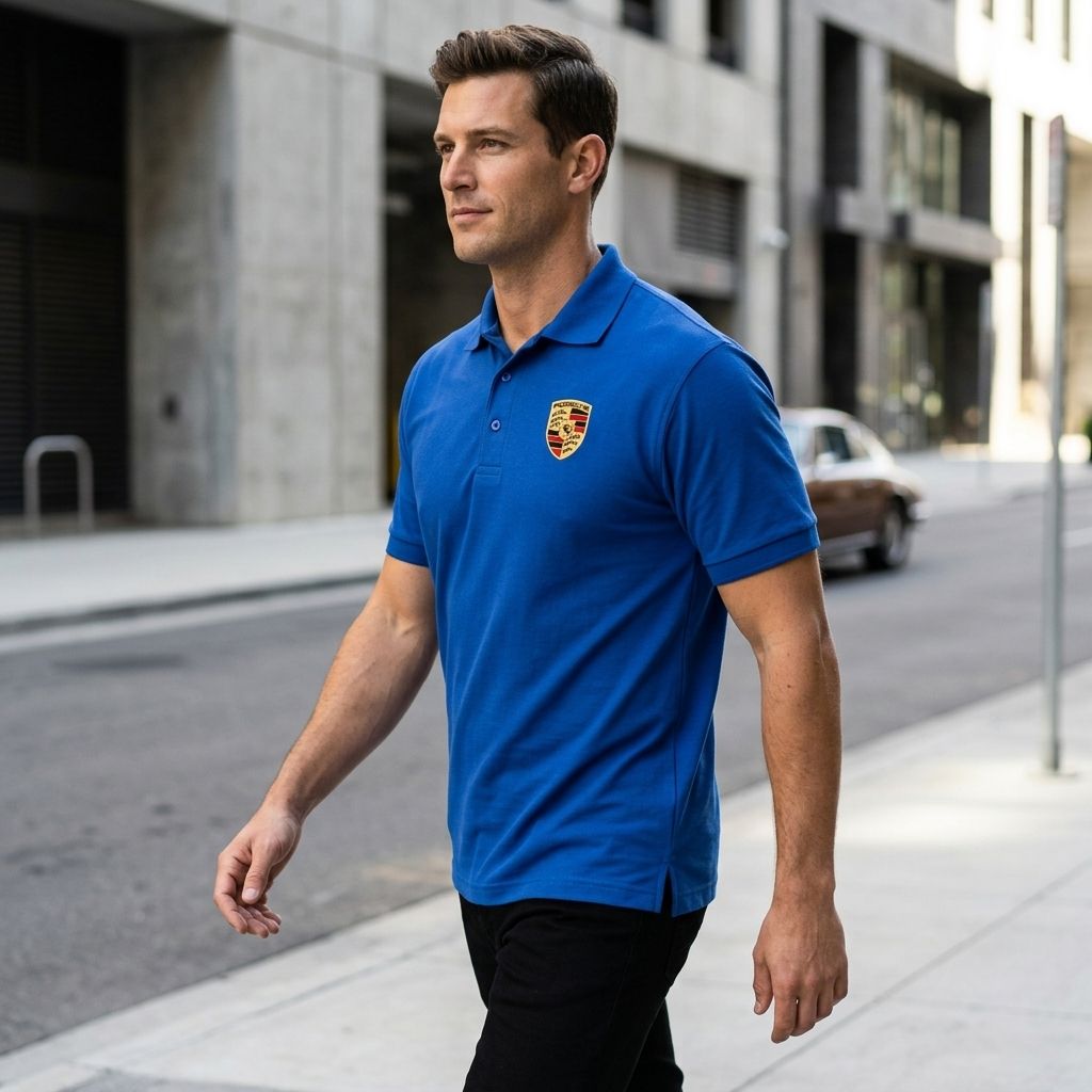 Side angle of men's Porsche Car Dry Blend Polo on male model walking outdoors, focusing on fabric texture and design details.
