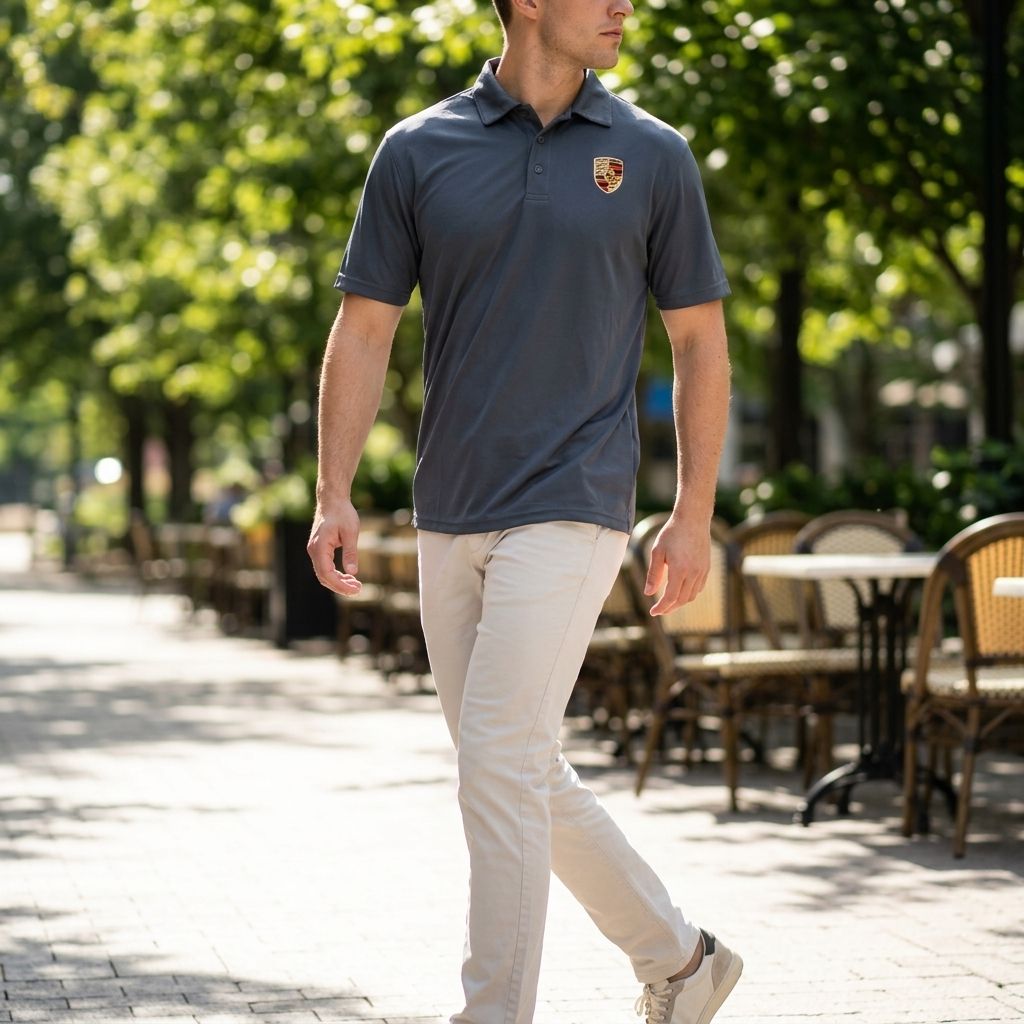 Male model in white Porsche polyester polo mid-stride on sunlit pathway, emphasizing sleek fit and soft fabric for casual outings.