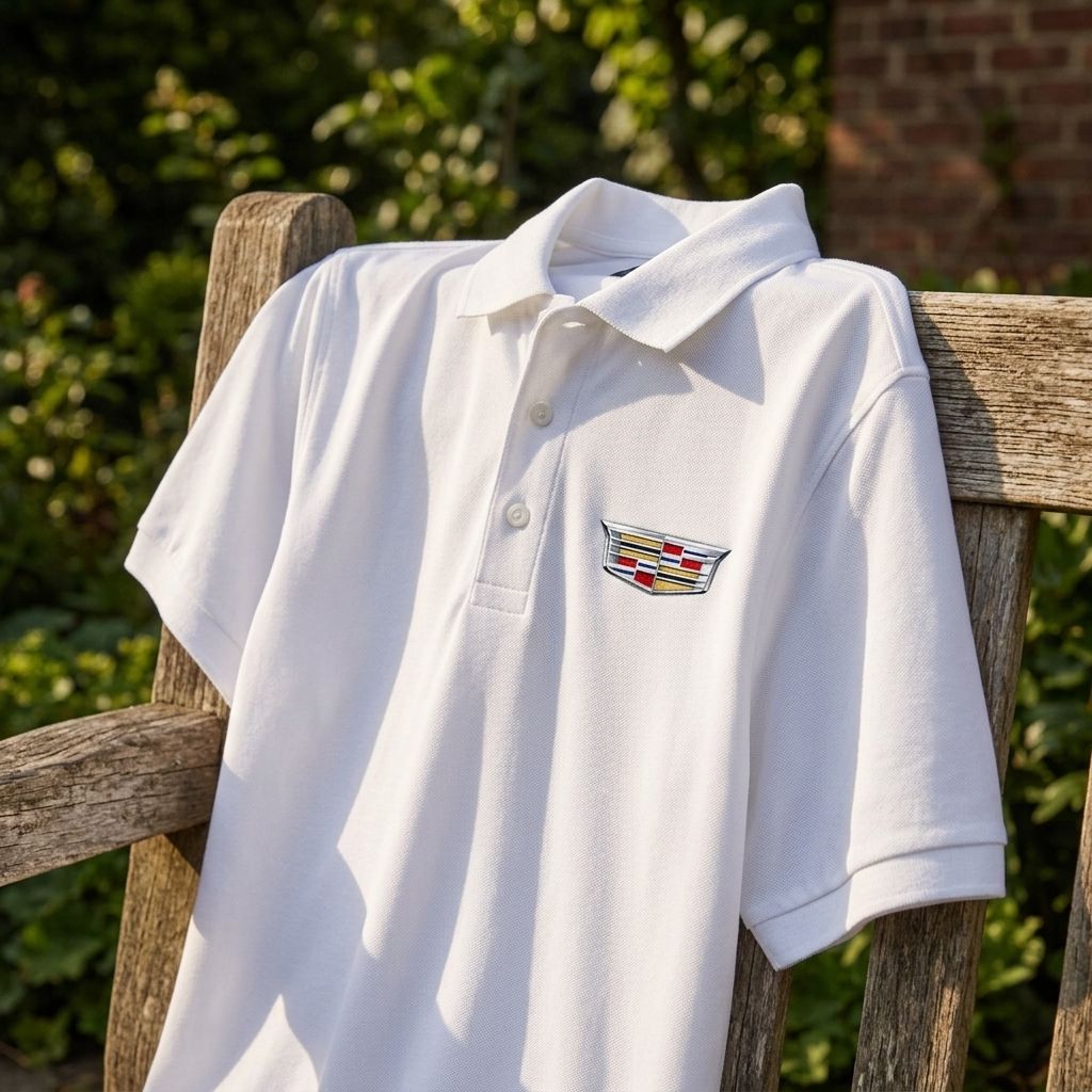Dramatic side profile of Men’s Cadillac Car Dry Blend Polo over rustic wooden bench, emphasizing contour, collar details, and fabric texture.