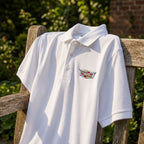 Dramatic side profile of Men’s Cadillac Car Dry Blend Polo over rustic wooden bench, emphasizing contour, collar details, and fabric texture.