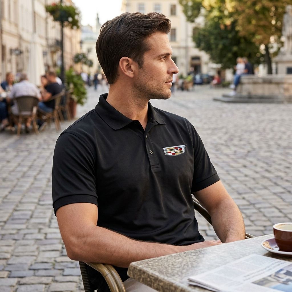 Side profile of man wearing white Cadillac Car Dry Blend Polo at outdoor café, emphasizing crisp lines, collar details, and stylish atmosphere.