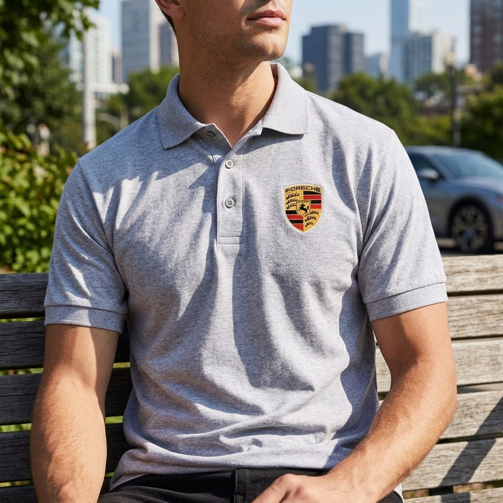 Model wearing Porsche Car Dry Blend Polo in an urban environment, seated on a park bench highlighting the shirt's fit and sporty style.