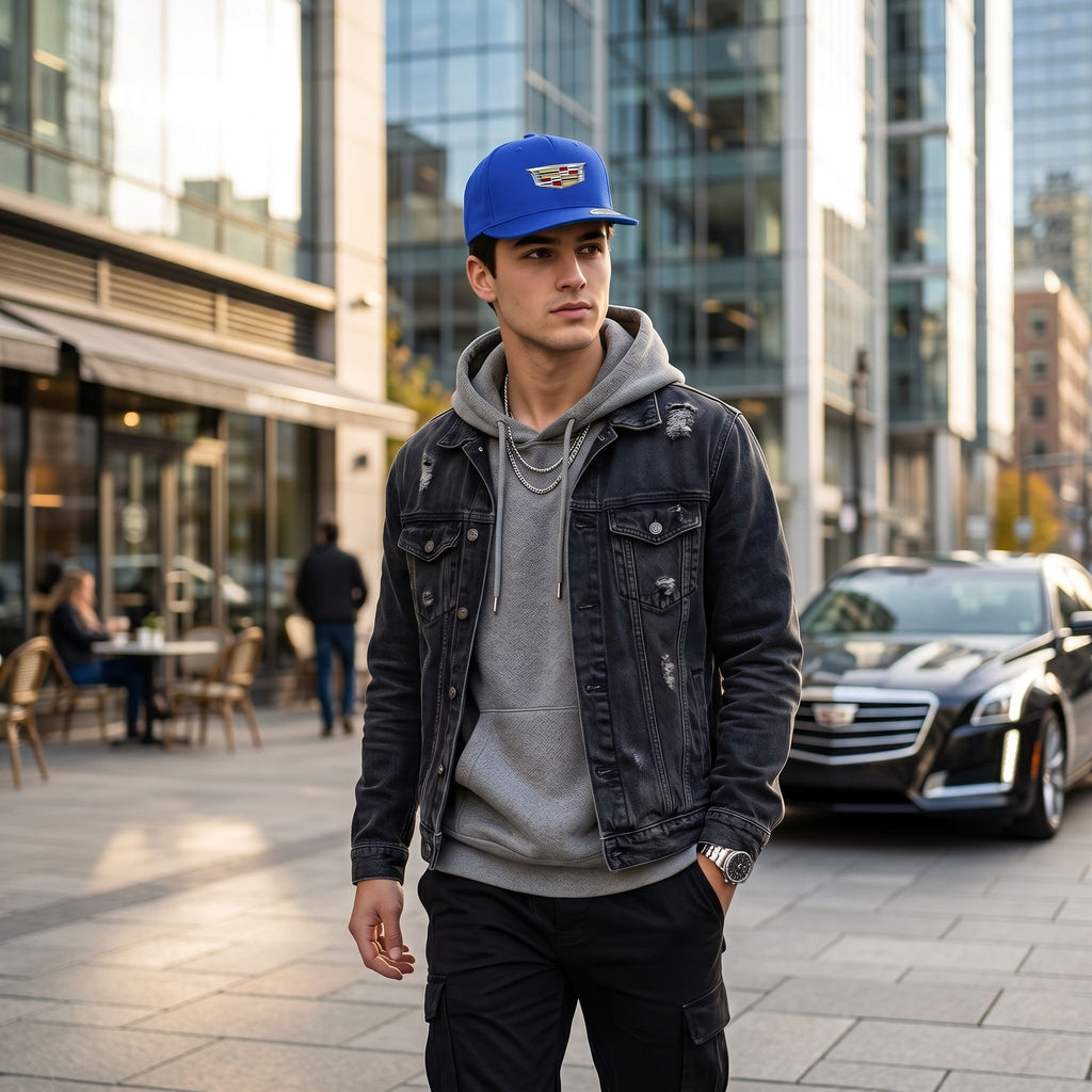 Male model in streetwear style wearing royal blue Cadillac snapback hat in city environment, focused on the product.