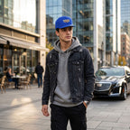 Male model in streetwear style wearing royal blue Cadillac snapback hat in city environment, focused on the product.