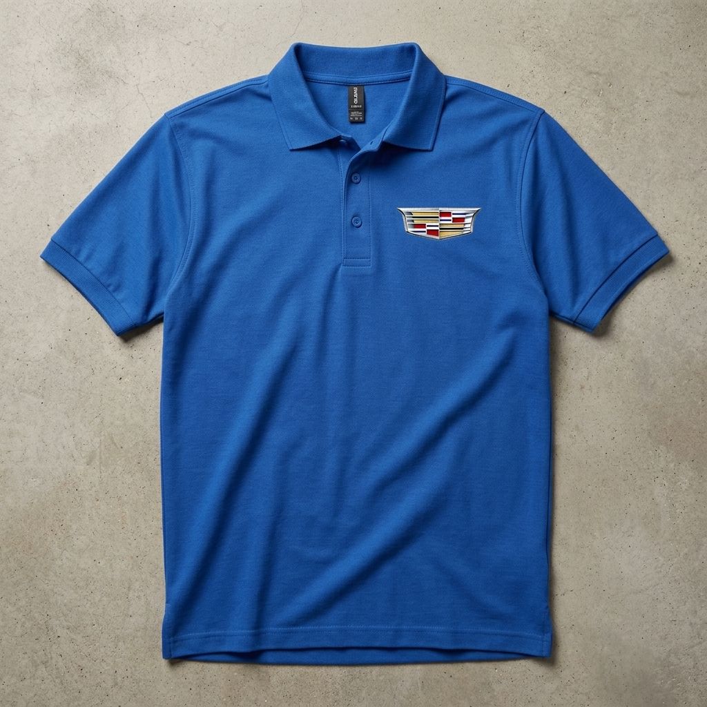 Studio flat lay of men's Cadillac Car Dry Blend Polo on neutral textured background, showcasing fabric details, stitching, and neat design.