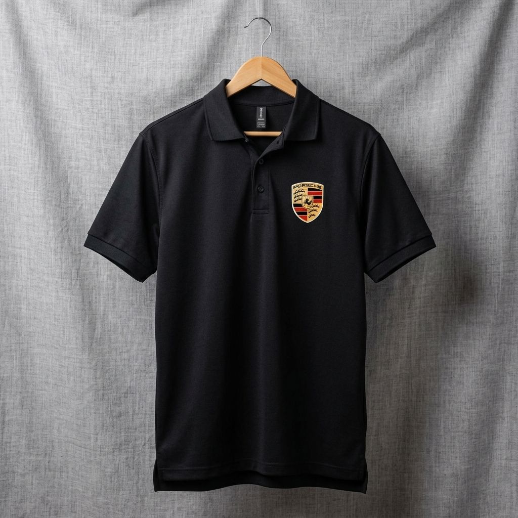 Studio shot of Men’s Porsche Polo on hanger, focusing on clean lines and subtle sheen.