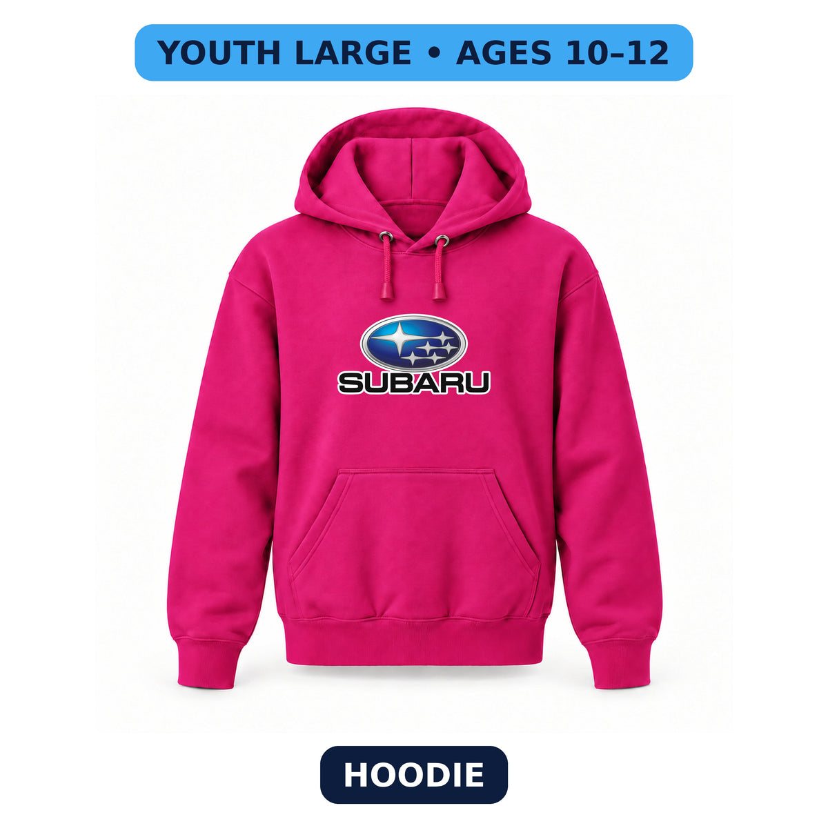 Subaru - Youth Large Hoodie (Ages 10–12) | Color: Hot Pink