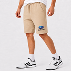 Subaru shorts Beige logo near lower left leg hem
