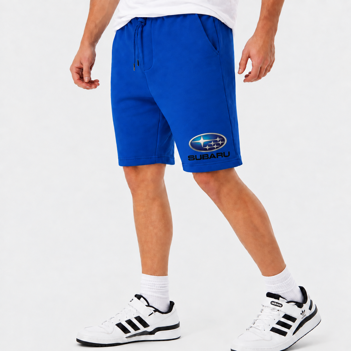 Subaru shorts Royal Blue logo near lower left leg hem