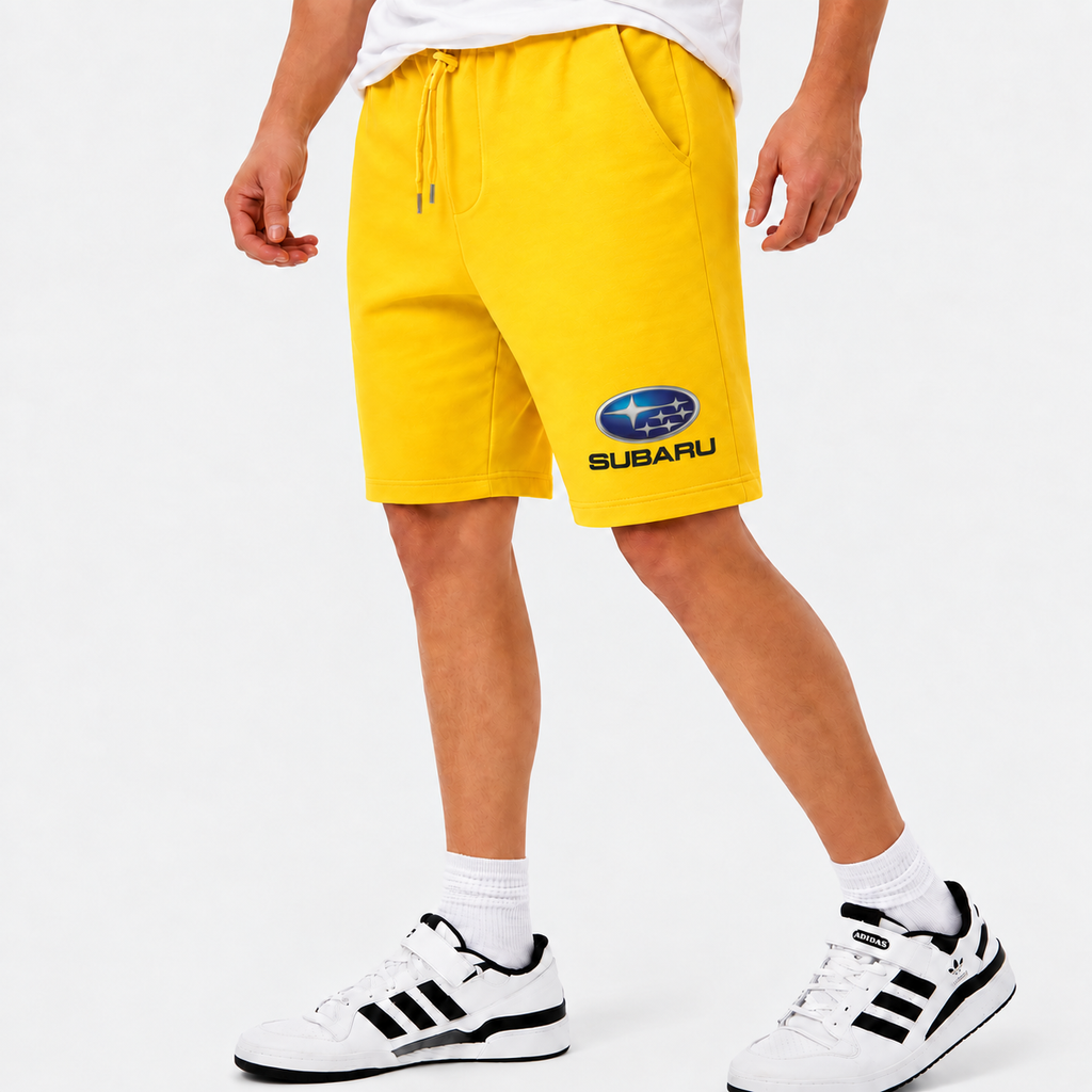 Subaru shorts Yellow logo near lower left leg hem