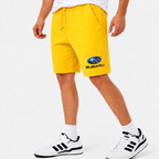 Subaru shorts Yellow logo near lower left leg hem