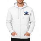Subaru White zipper hoodie front left chest heat transfer