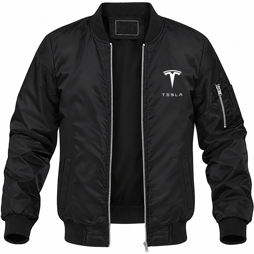 Tesla black bomber jacket front product photo | color: black |