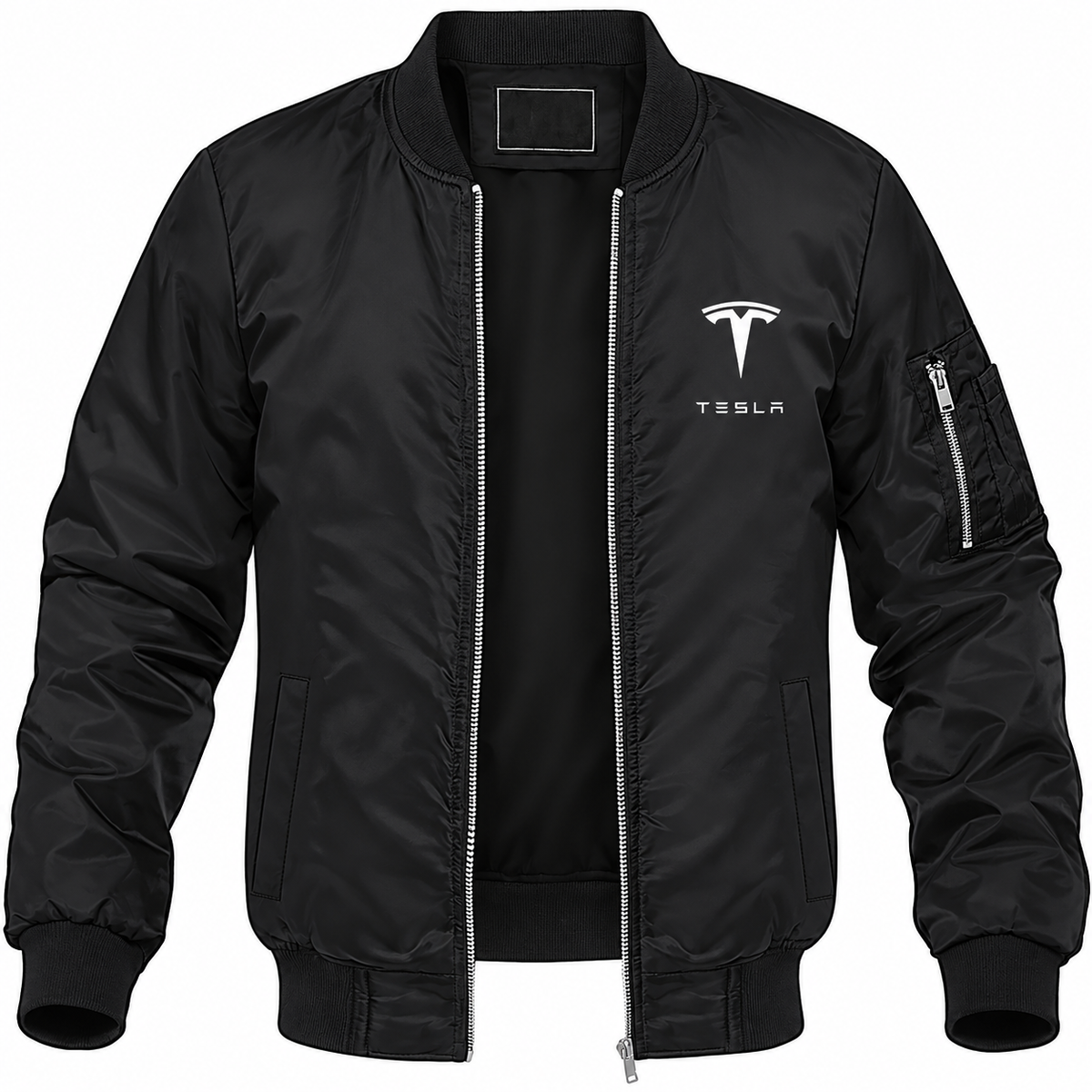 Tesla black bomber jacket front product photo | color: black |