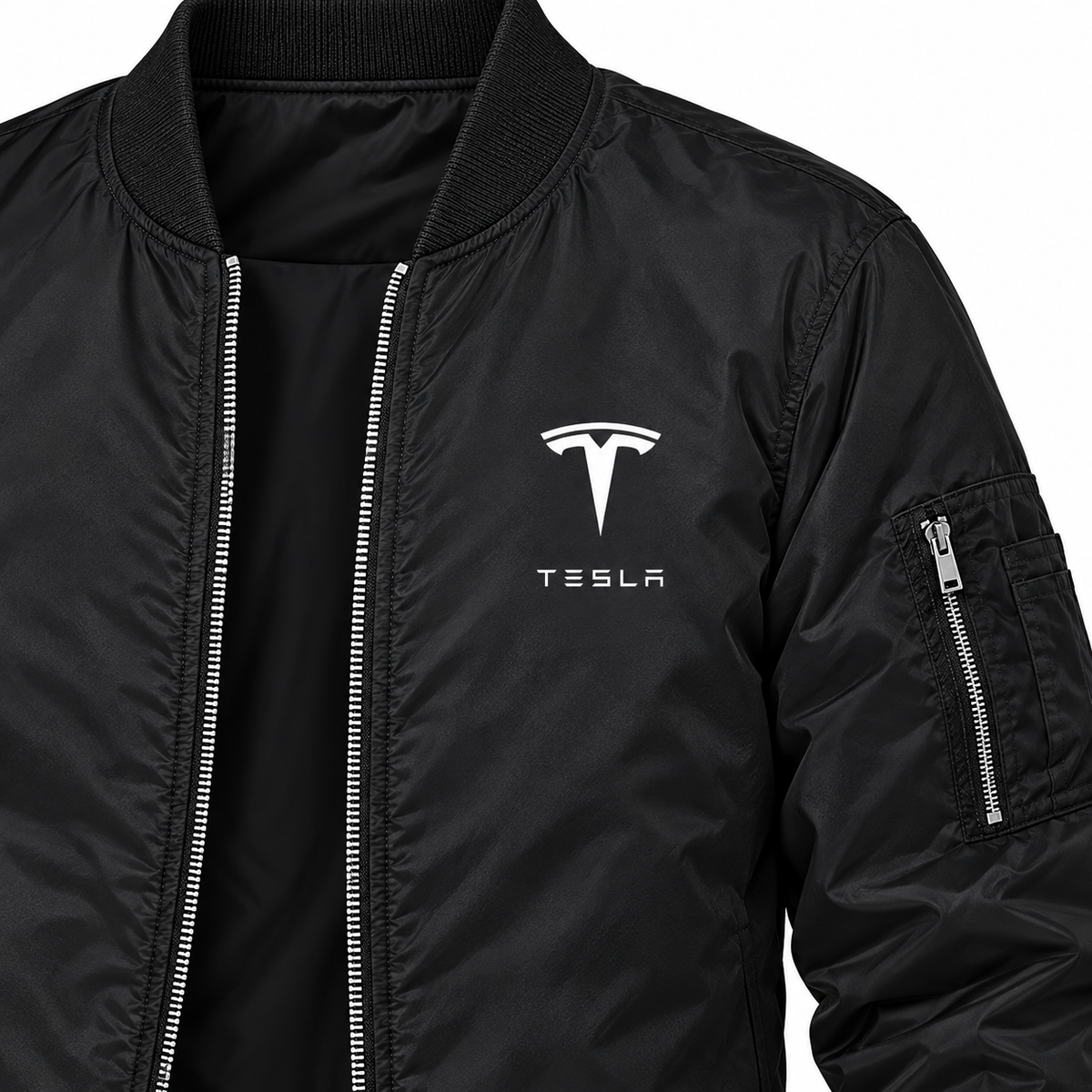 Tesla black bomber jacket chest print detail | color: black |