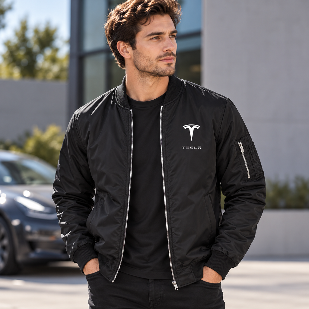 Tesla black bomber jacket model lifestyle view | color: black |