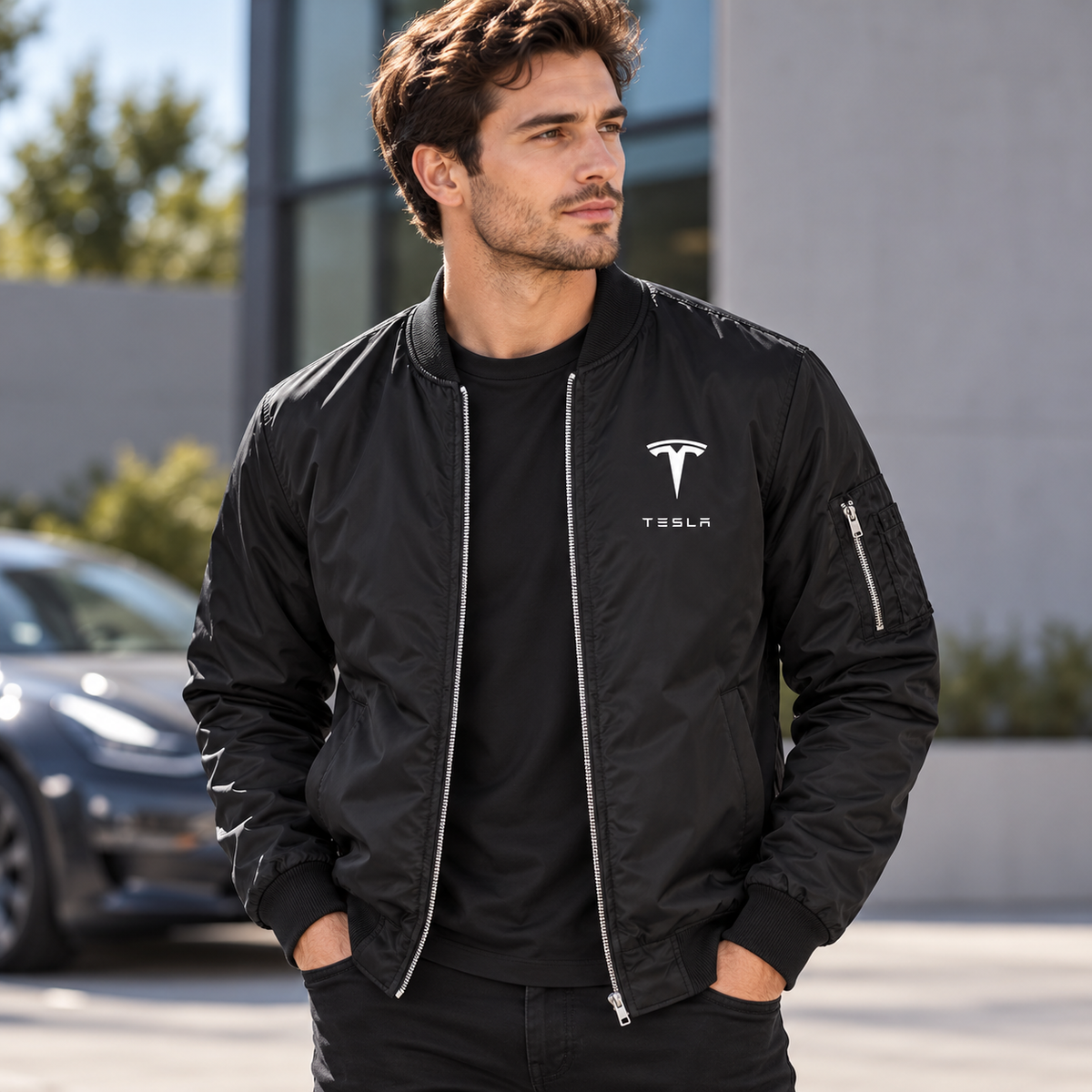 Tesla black bomber jacket model lifestyle view | color: black |