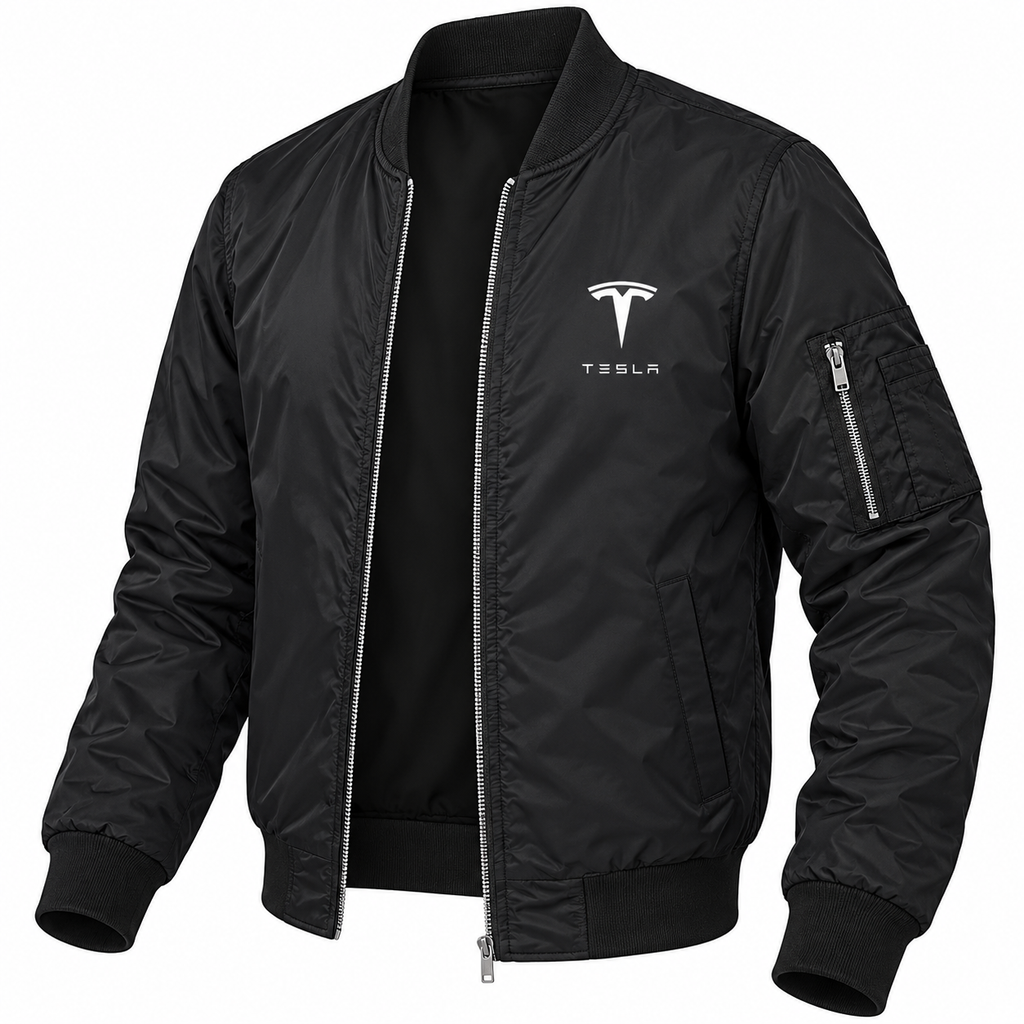 Tesla black bomber jacket angled product view | color: black |