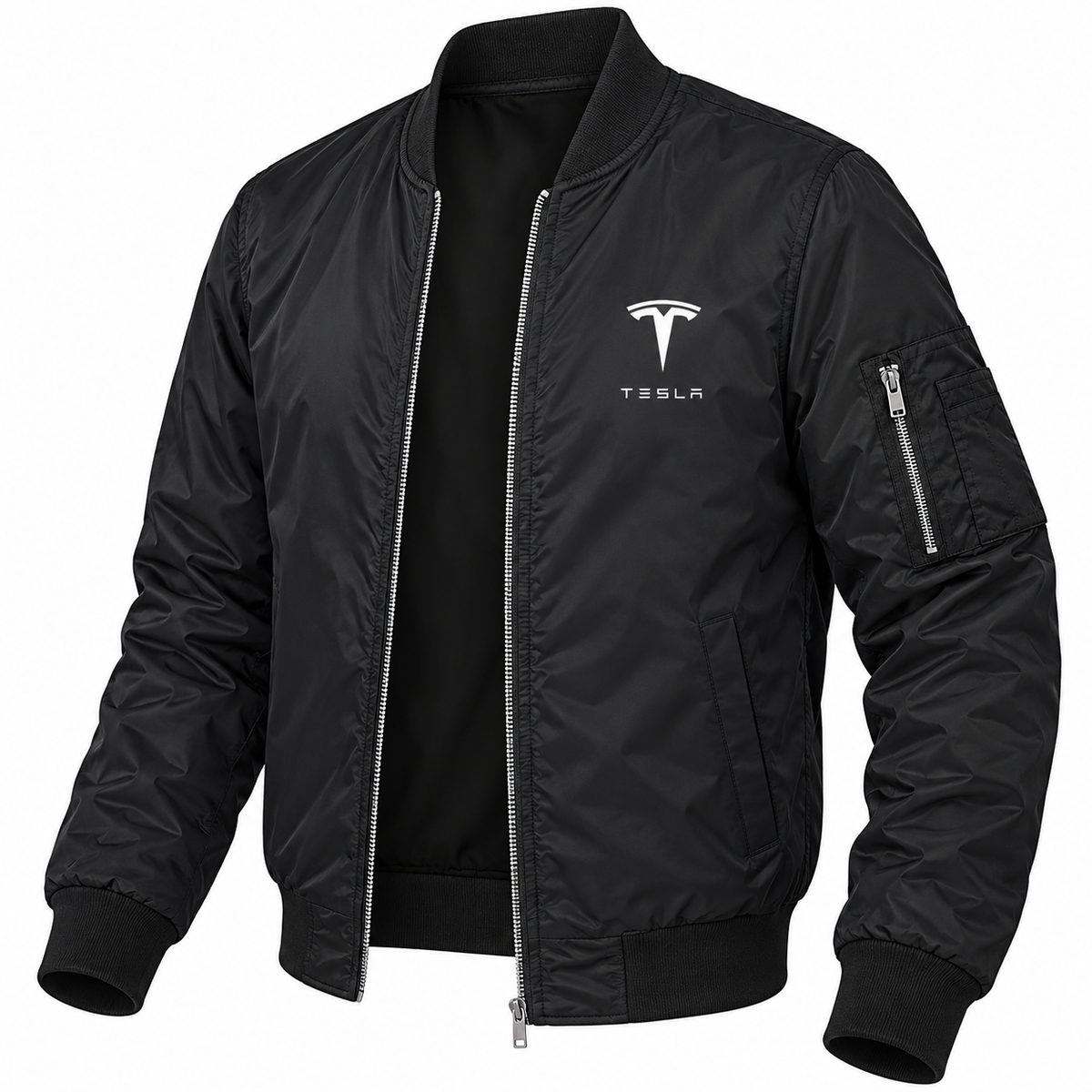 Tesla black bomber jacket angled product view | color: black |