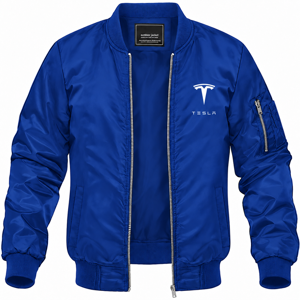 Tesla blue bomber jacket front product photo | color: blue |