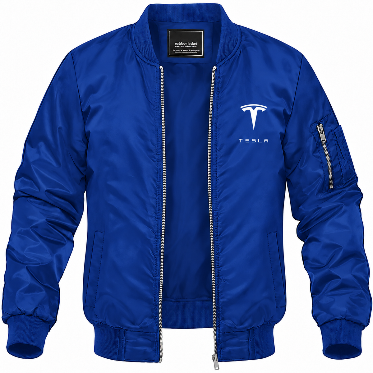 Tesla blue bomber jacket front product photo | color: blue |
