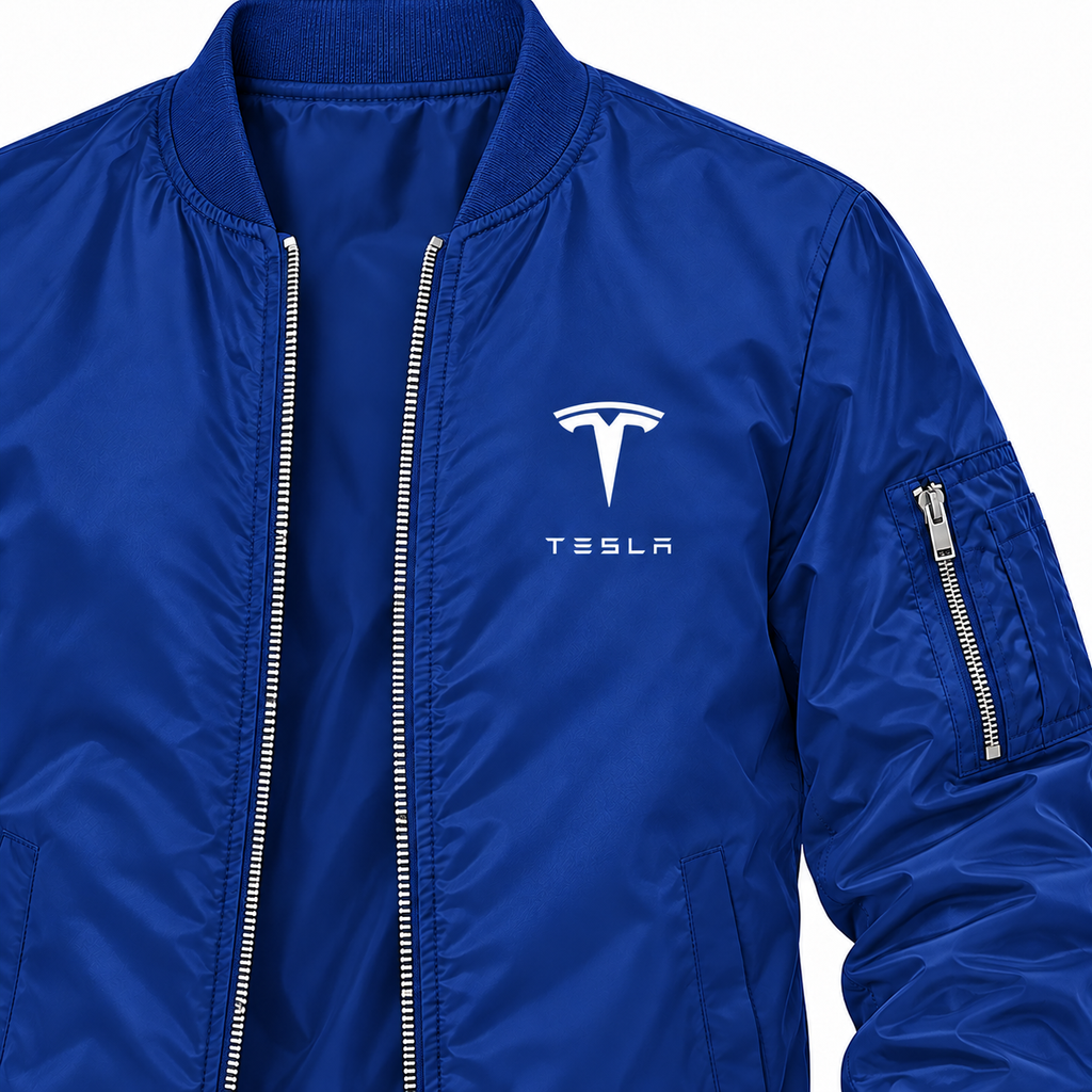 Tesla blue bomber jacket chest print detail | color: blue |