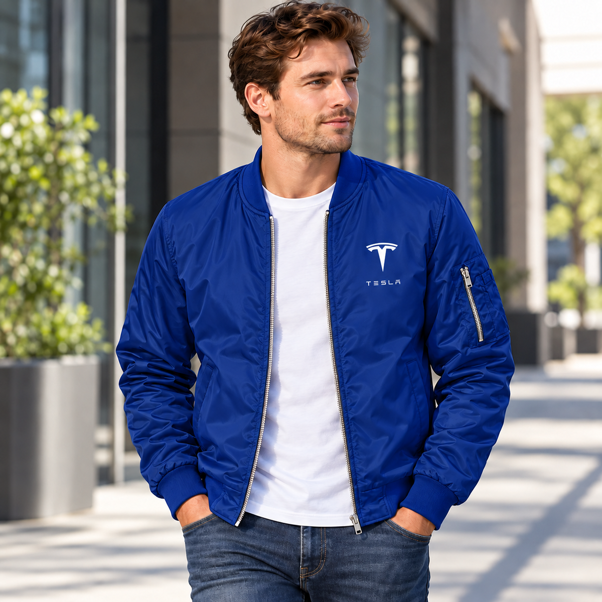 Tesla blue bomber jacket model lifestyle view | color: blue |