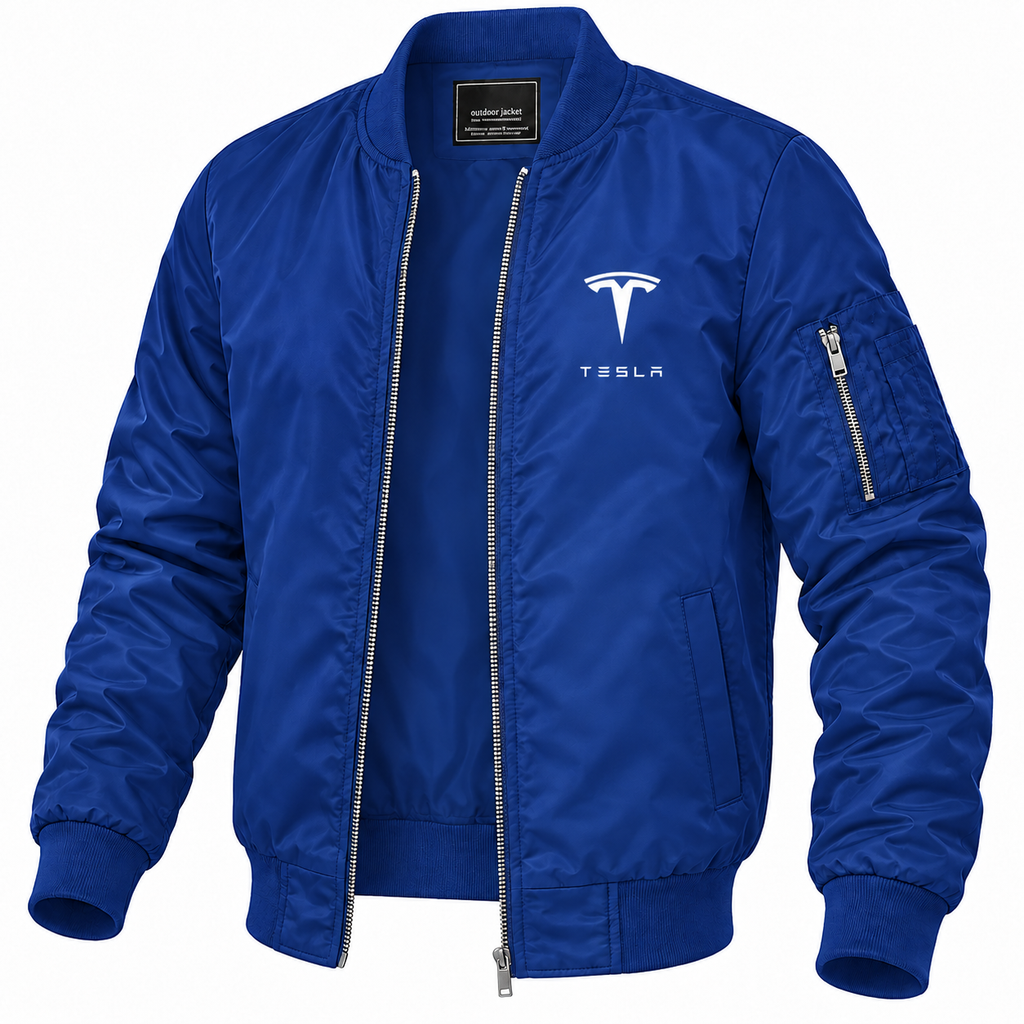 Tesla blue bomber jacket angled product view | color: blue |