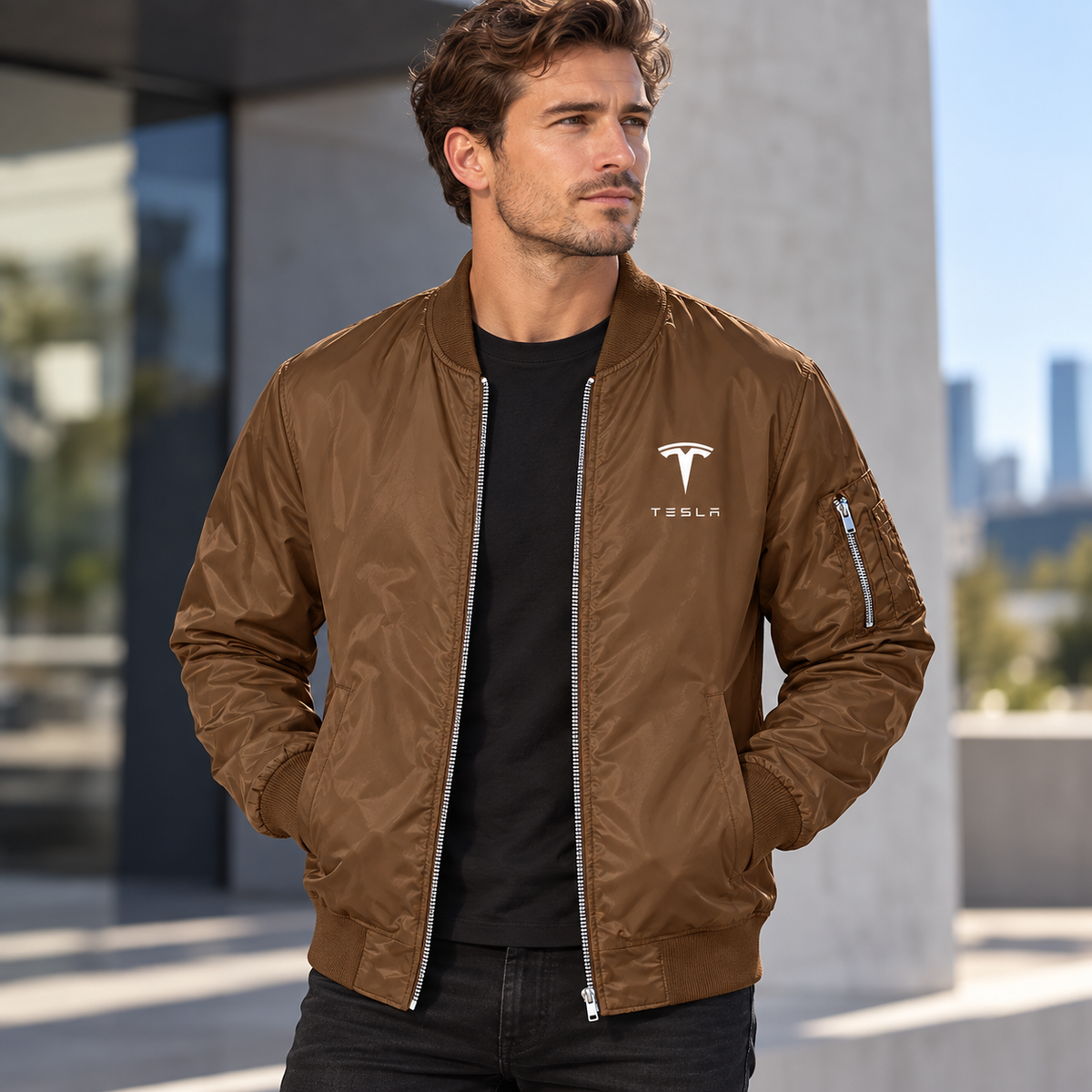 Tesla brown bomber jacket model lifestyle view | color: brown |