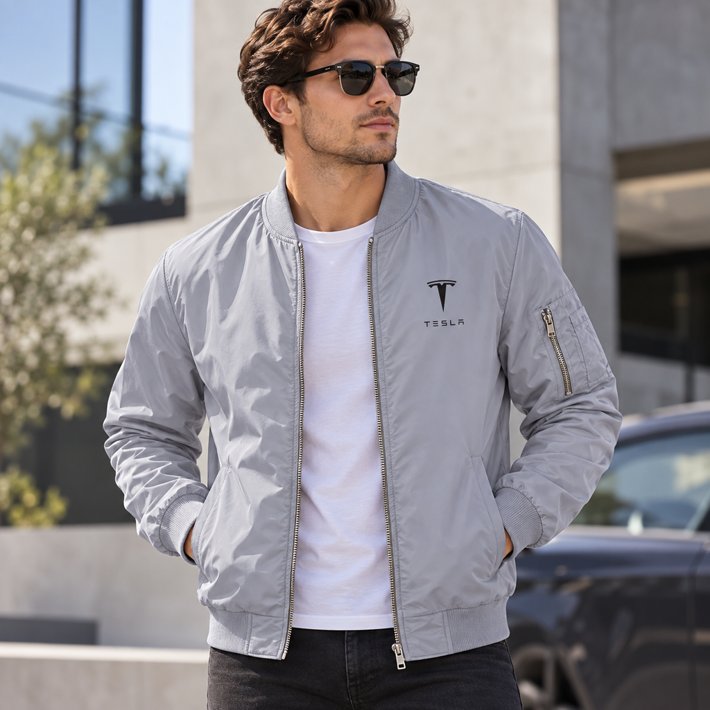Tesla grey bomber jacket model lifestyle view | color: grey |