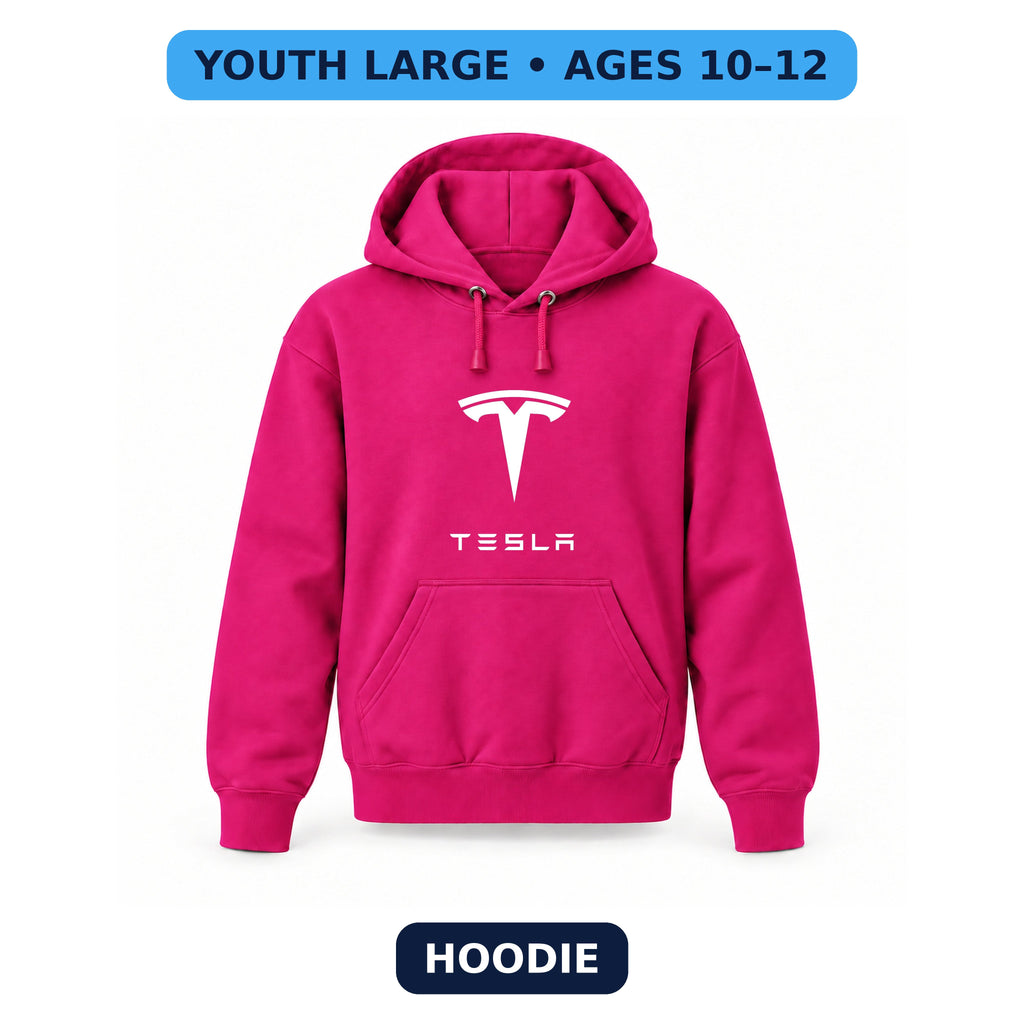 Tesla - Youth Large Hoodie (Ages 10–12) | Color: Hot Pink