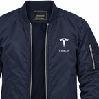 Tesla navy bomber jacket chest print detail | color: navy |