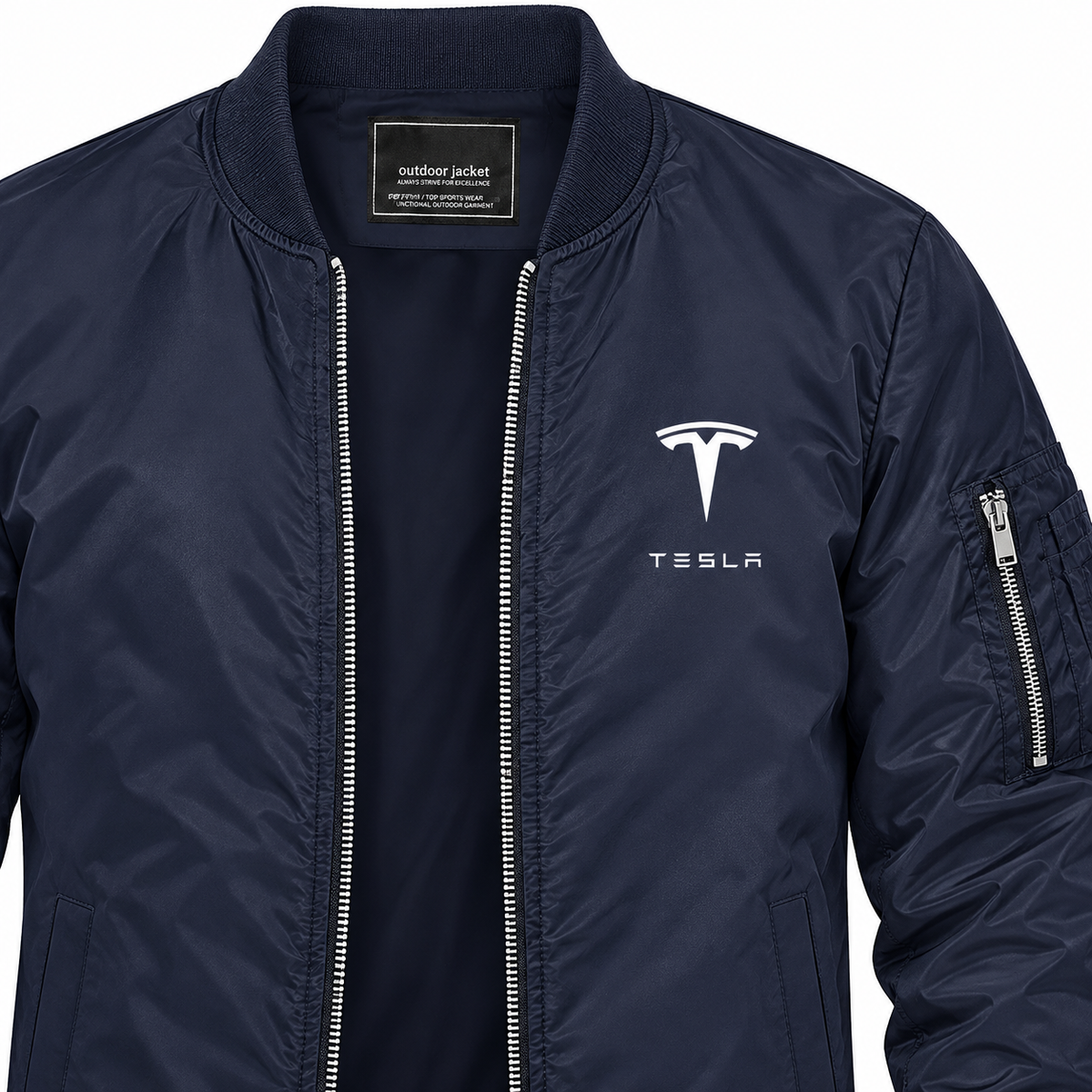 Tesla navy bomber jacket chest print detail | color: navy |