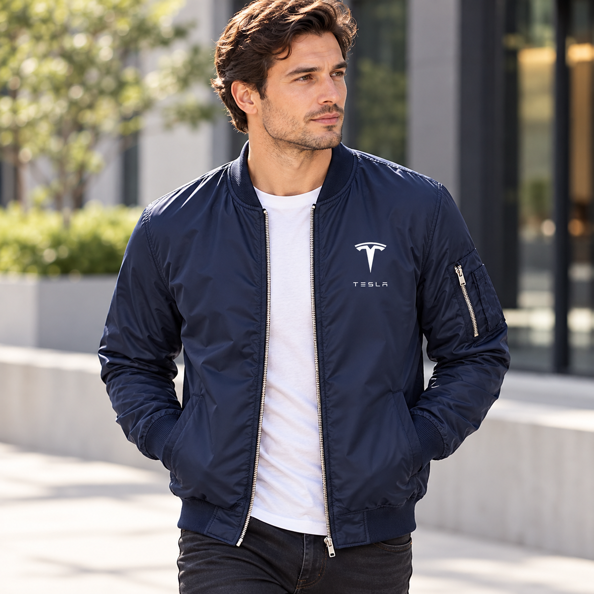 Tesla navy bomber jacket model lifestyle view | color: navy |