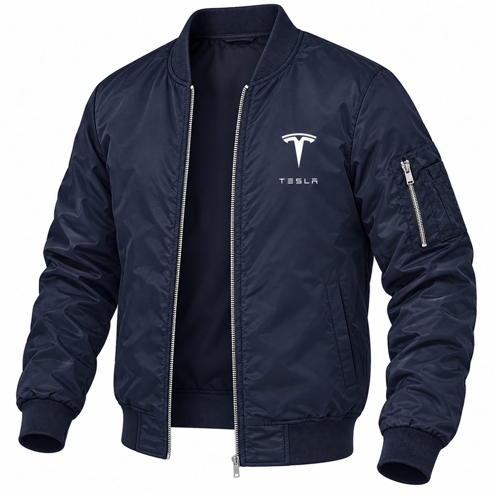Tesla navy bomber jacket angled product view | color: navy |