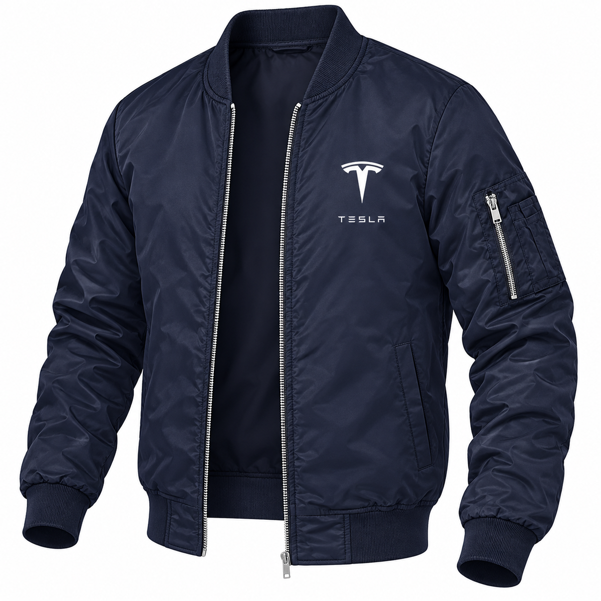 Tesla navy bomber jacket angled product view | color: navy |