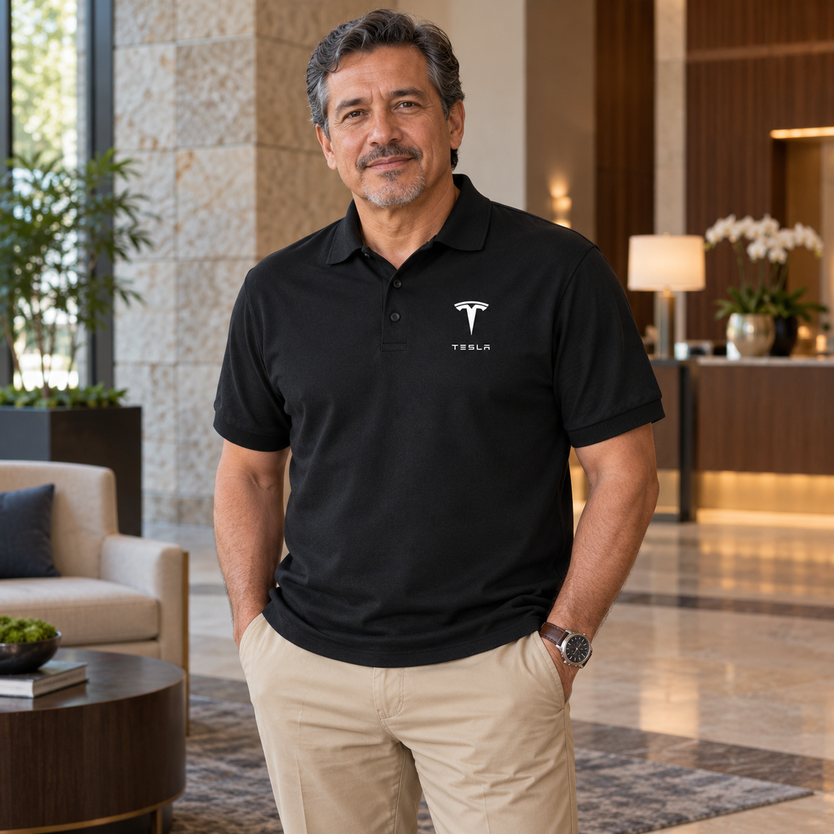 Men’s Tesla Motorsports Car Dry Blend Polo | Color: Black | Image 4