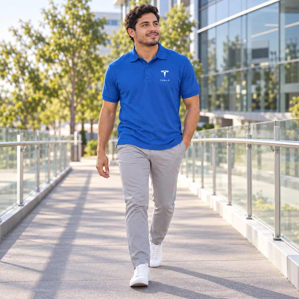Men’s Tesla Motorsports Car Dry Blend Polo | Color: Blue | Image 1