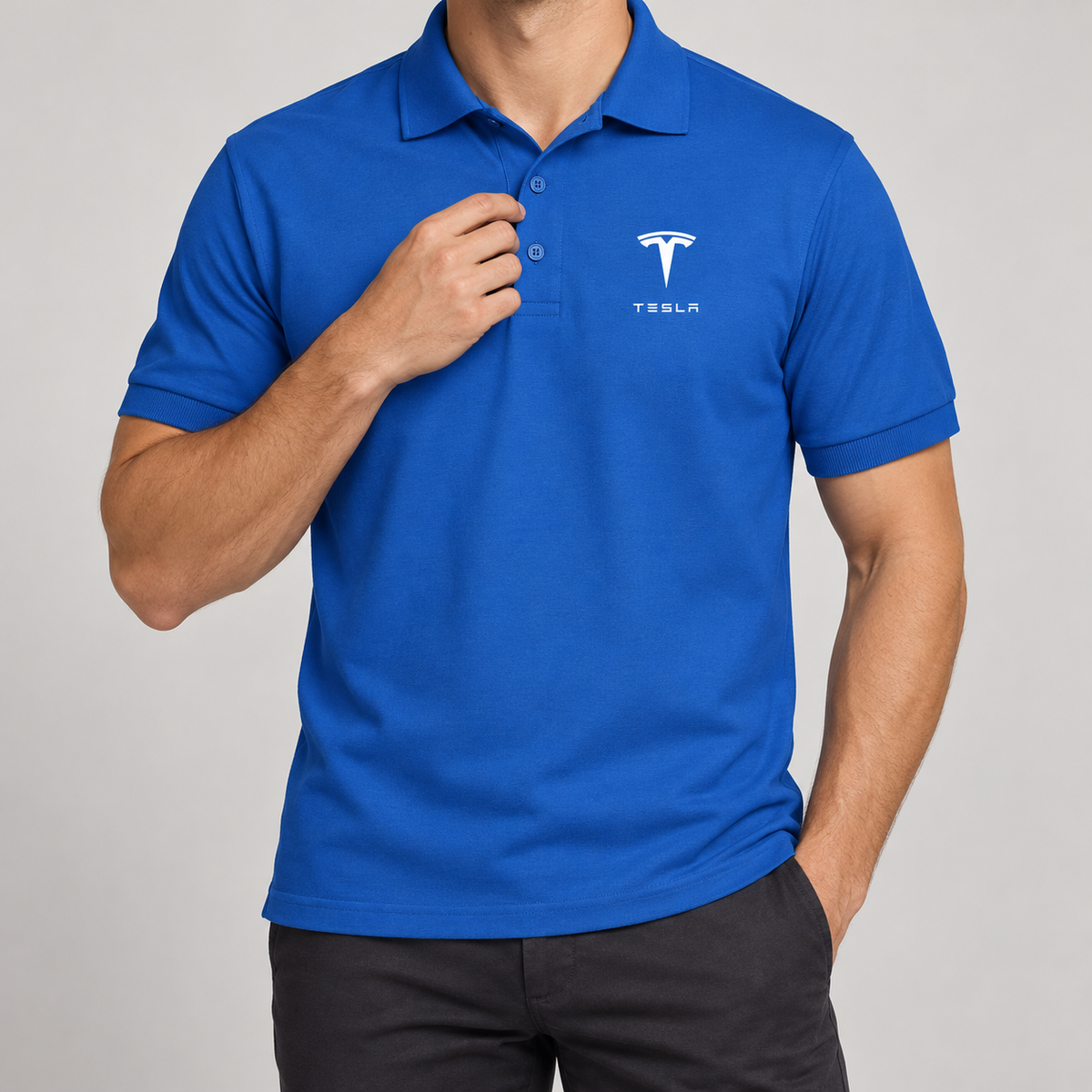Men’s Tesla Motorsports Car Dry Blend Polo | Color: Blue | Image 2
