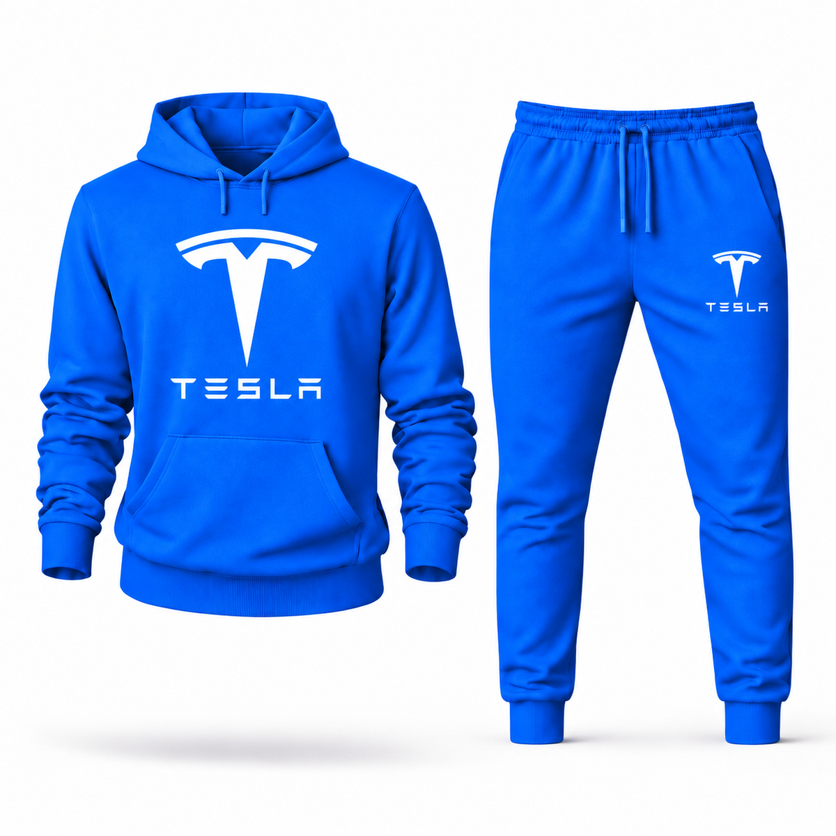 Tesla Azure hoodie joggers set front centered chest and left thigh heat transfer