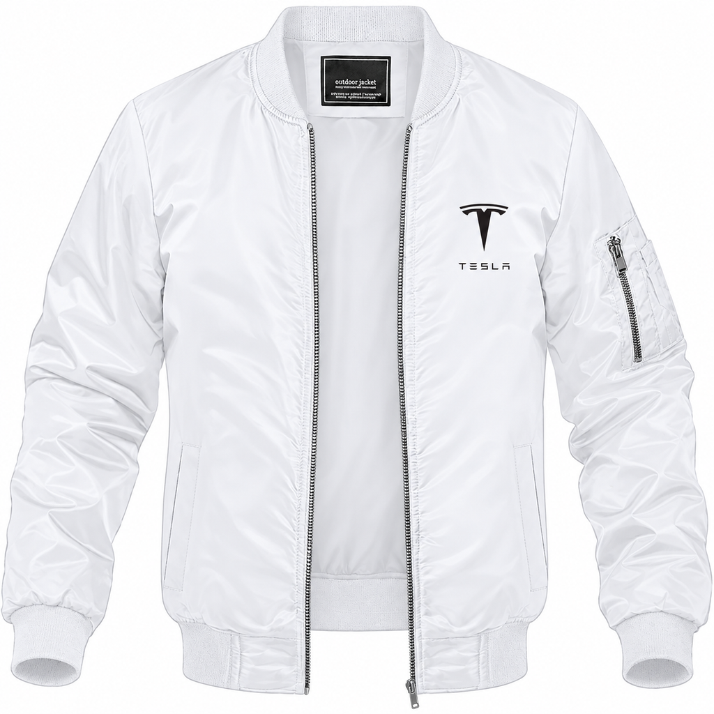 Tesla white bomber jacket front product photo | color: white |