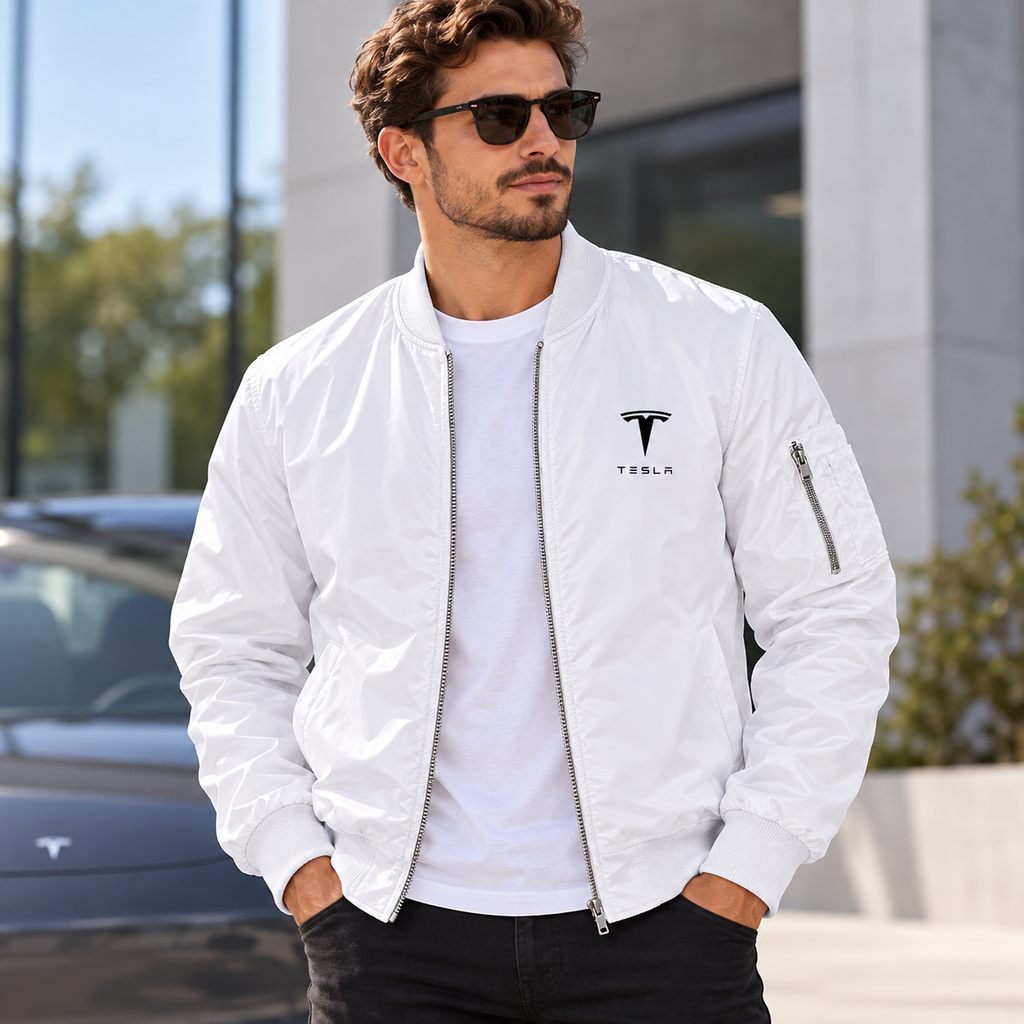 Tesla white bomber jacket model lifestyle view | color: white |