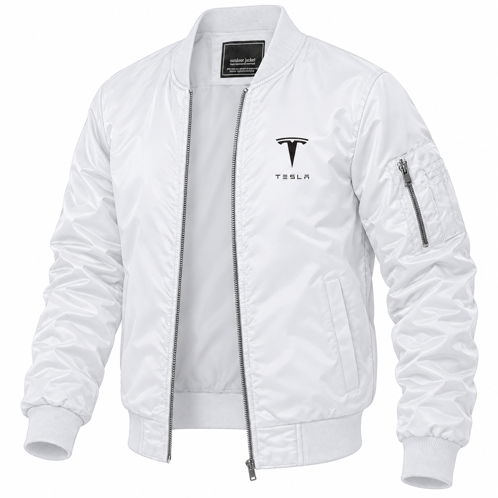 Tesla white bomber jacket angled product view | color: white |