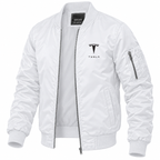 Tesla white bomber jacket angled product view | color: white |