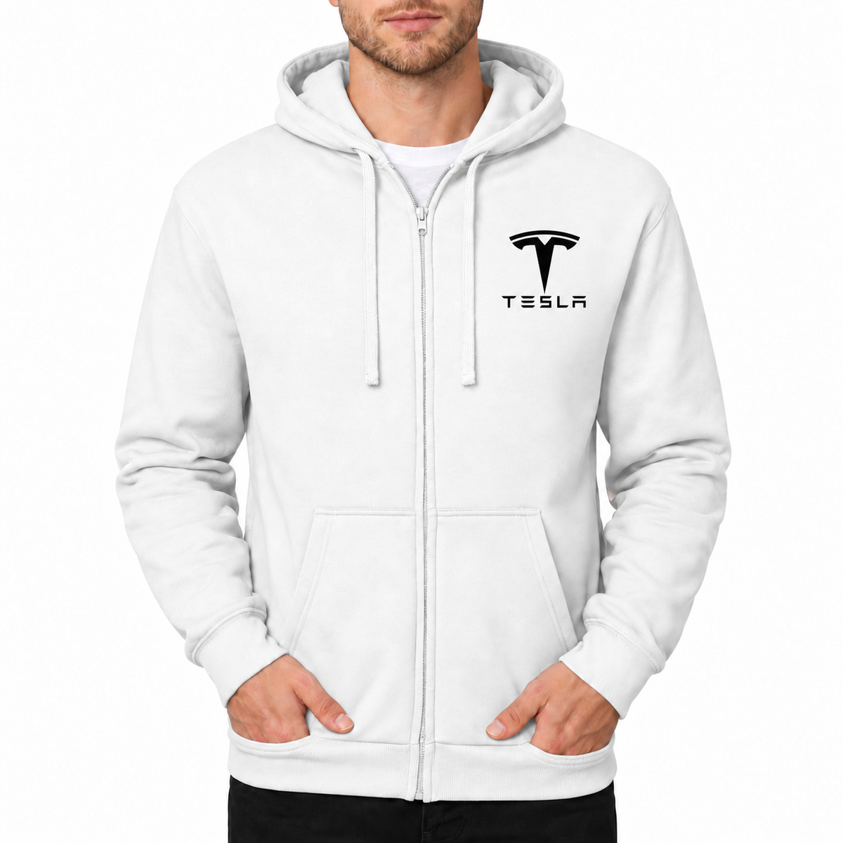 Tesla White zipper hoodie front left chest heat transfer