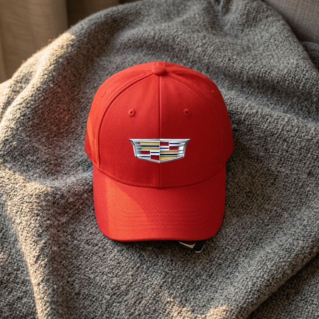 Top-down view of Cadillac Car Dad Baseball Cap on textured fabric surface with warm ambient lighting.