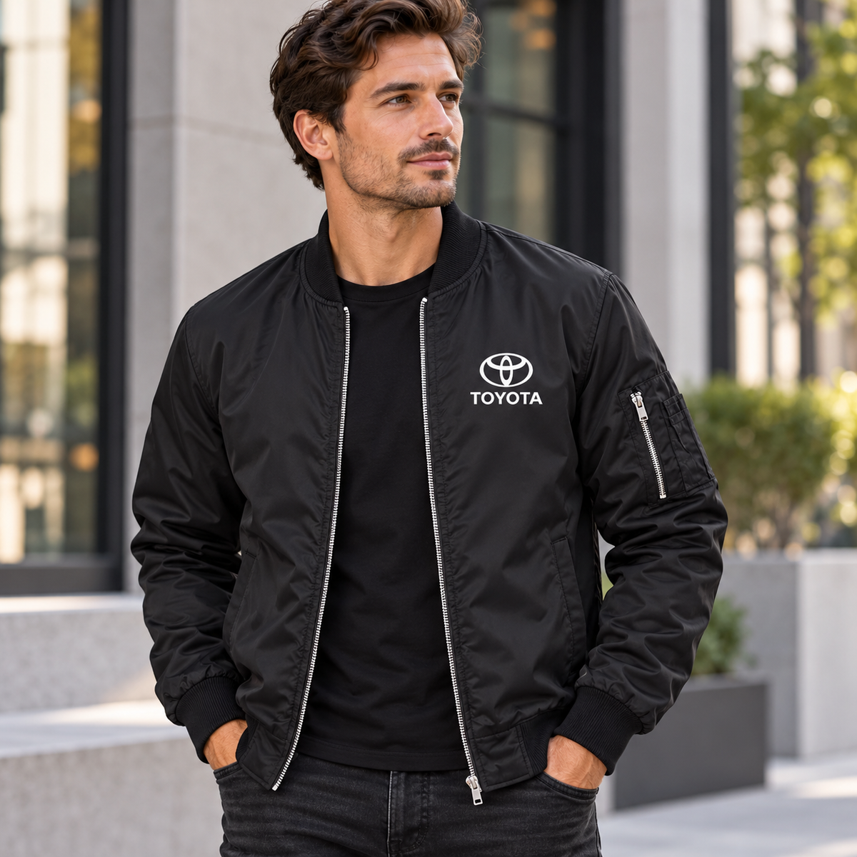 Toyota black bomber jacket model lifestyle view | color: black |