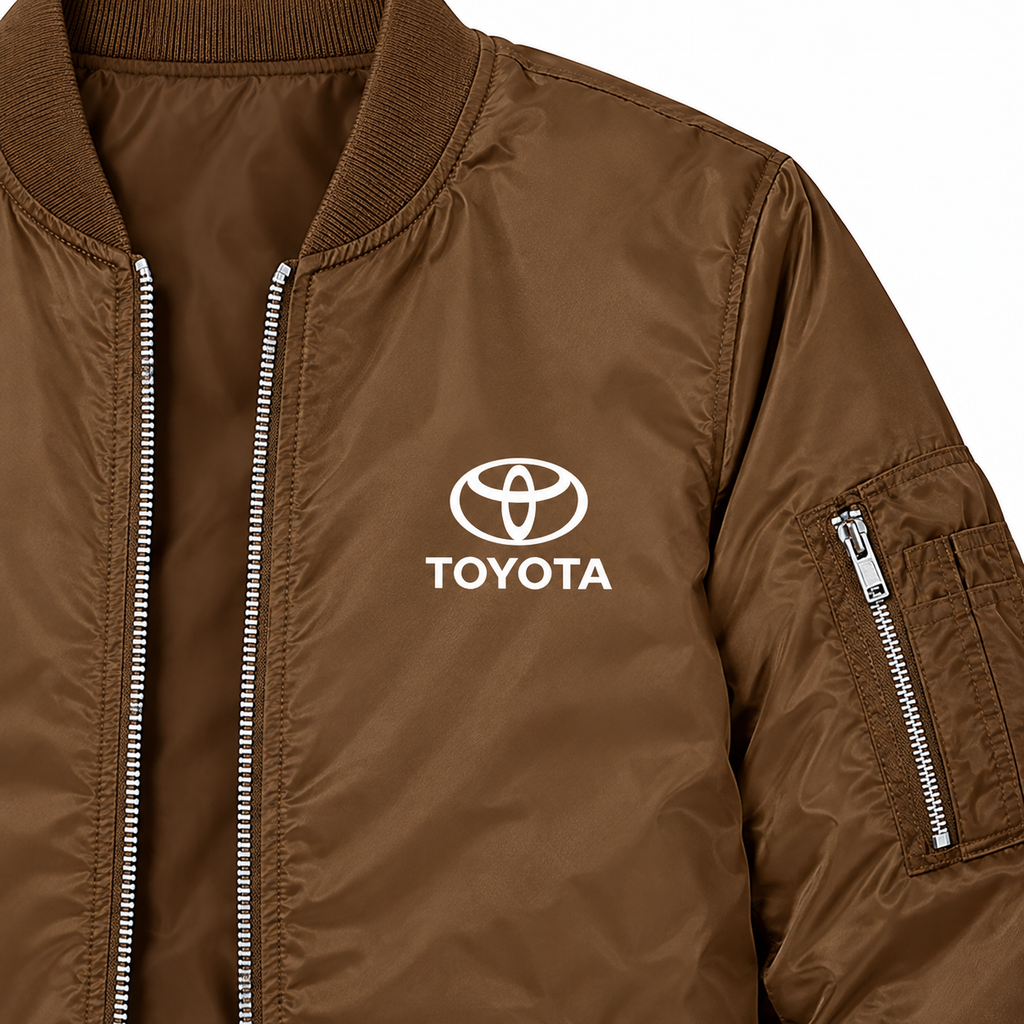Toyota brown bomber jacket chest print detail | color: brown |